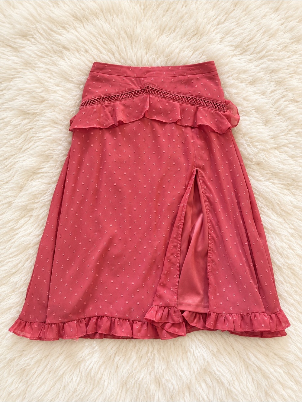 Lulus Such a Dreamer Rusty Rose Lace Ruffled Clip Dot Midi Skirt